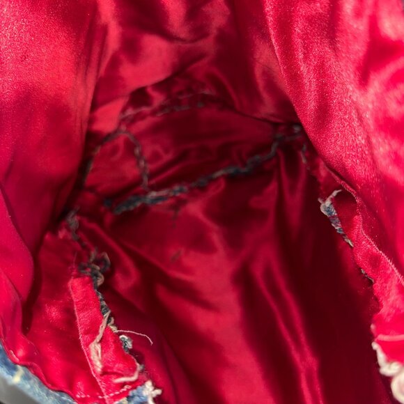 Handmade Denim Patchwork Tote Bag With Red Satin Lining & Pocket Detail - Picture 4 of 5